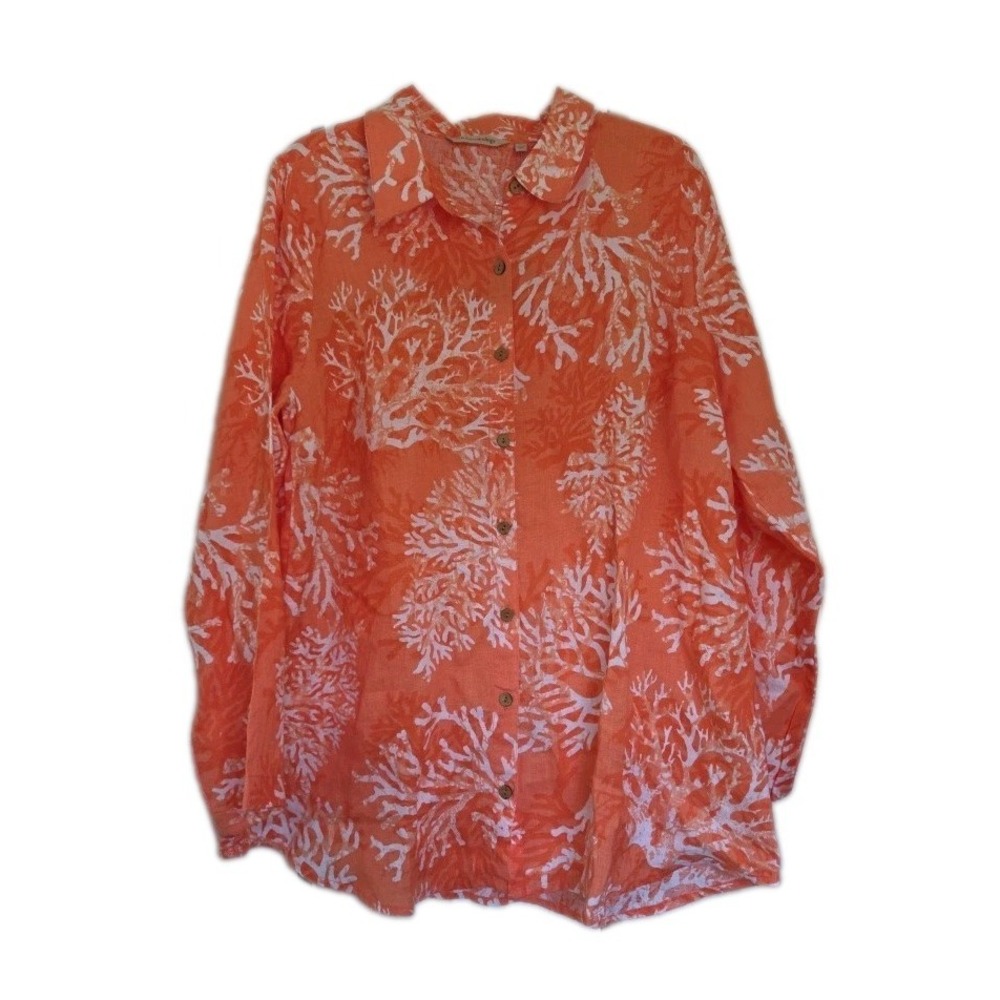Soft Surroundings Long Sleeve Wood Button Down Longline Linen Coral Print XL